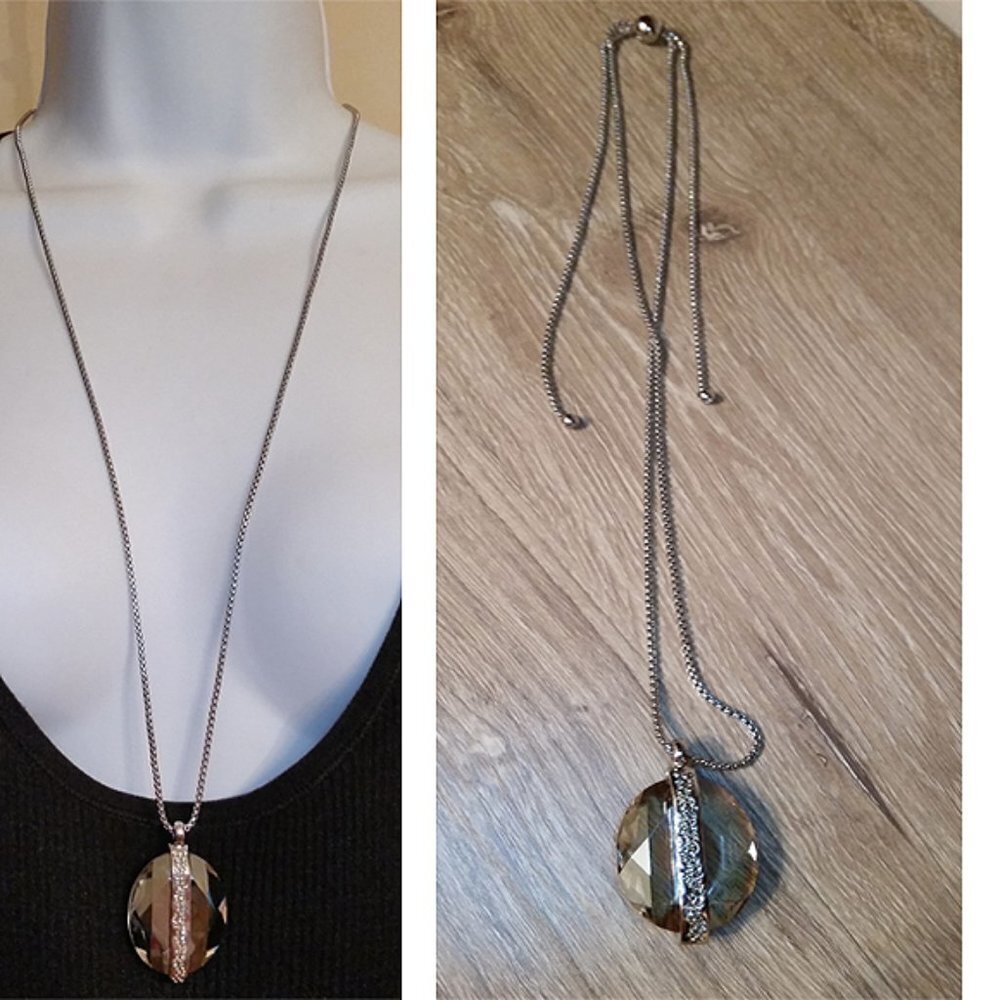 ADJUSTABLE slider silver tone large glass crystal chain necklace long trendy.